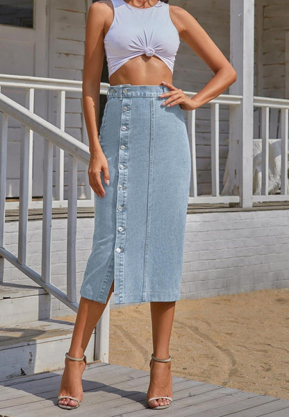 Side Button Detail Slit High Waist Midi Denim Skirt