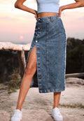 Side Button Detail Slit High Waist Midi Denim Skirt
