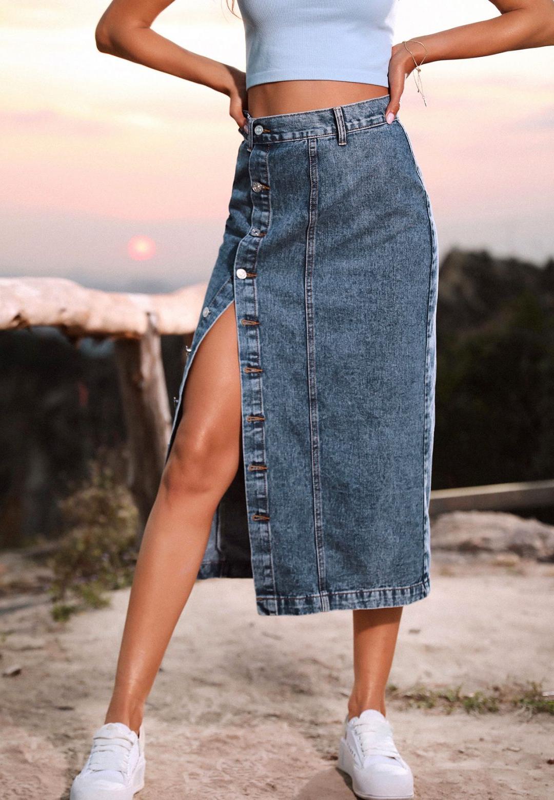 Side Button Detail Slit High Waist Midi Denim Skirt