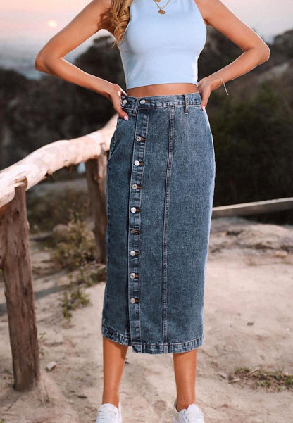 Side Button Detail Slit High Waist Midi Denim Skirt