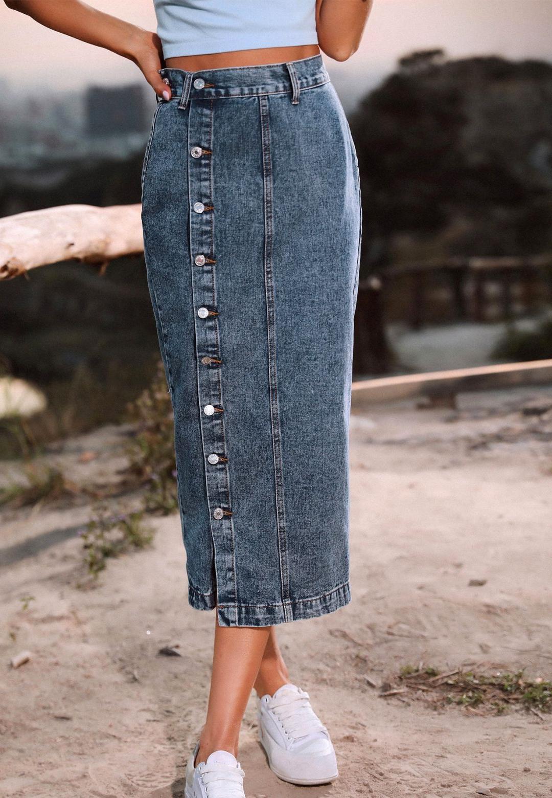 Side Button Detail Slit High Waist Midi Denim Skirt