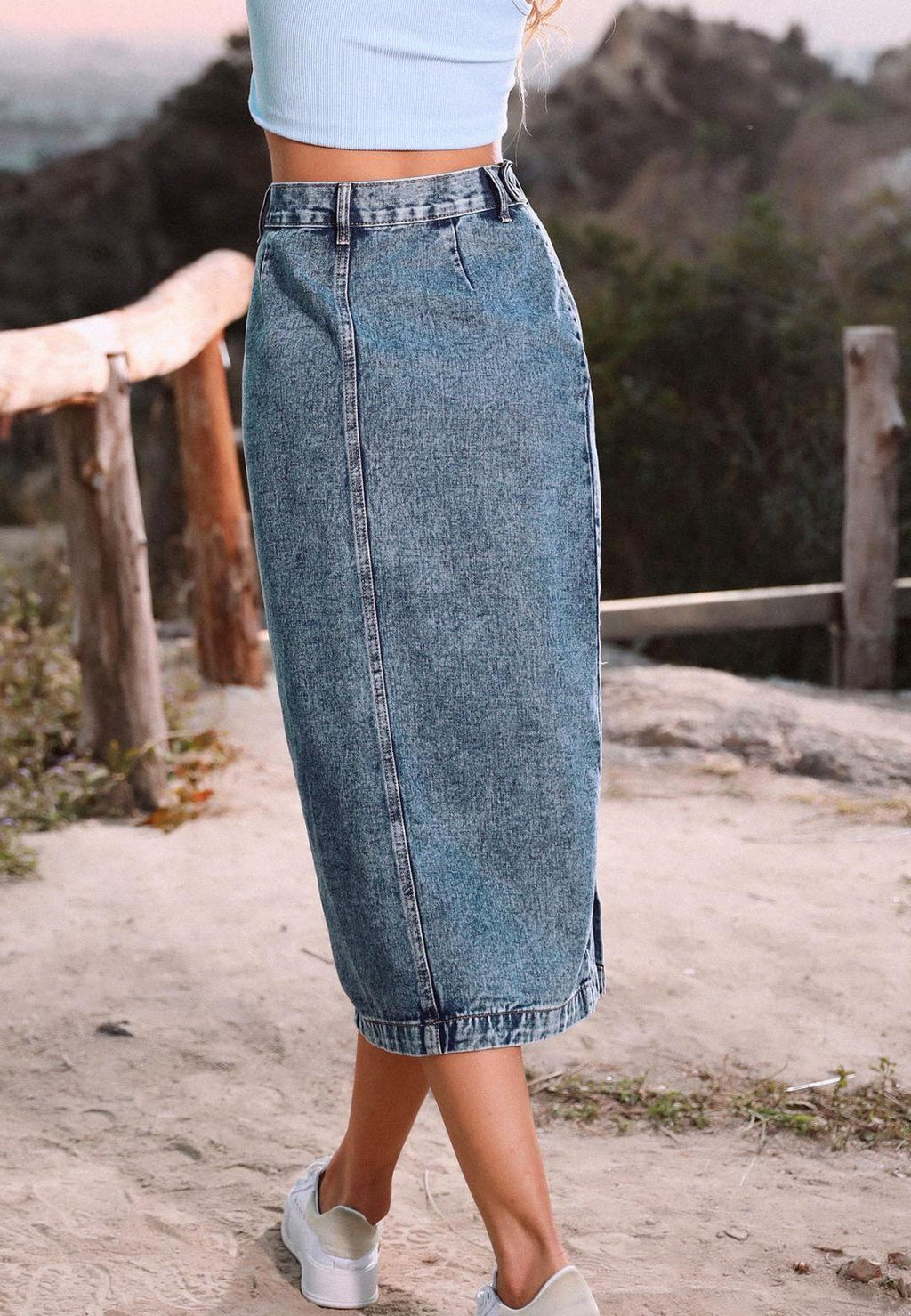 Side Button Detail Slit High Waist Midi Denim Skirt