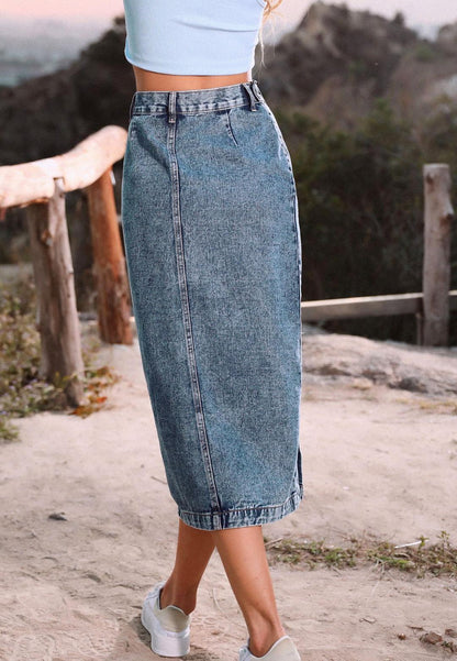Side Button Detail Slit High Waist Midi Denim Skirt