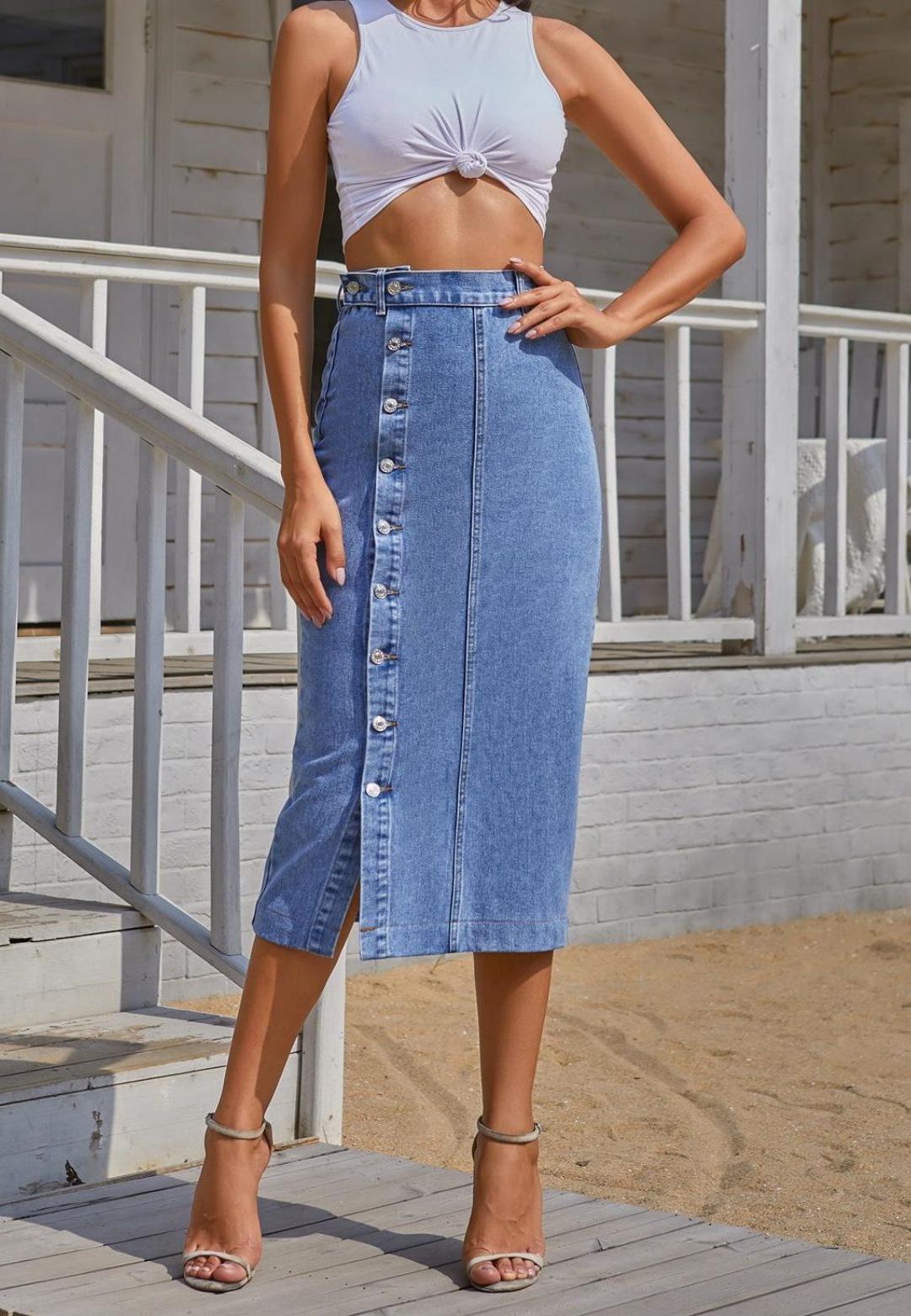 Side Button Detail Slit High Waist Midi Denim Skirt