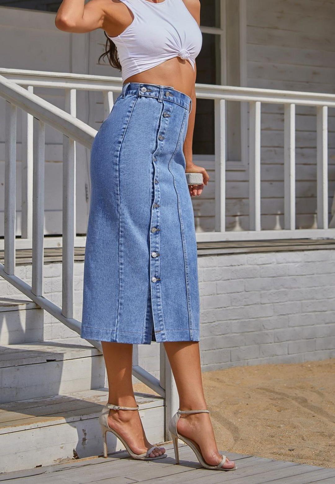 Side Button Detail Slit High Waist Midi Denim Skirt