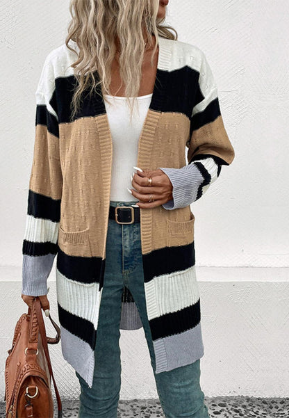 Cárdigan largo texturizado con bolsillo delantero y mangas largas a rayas