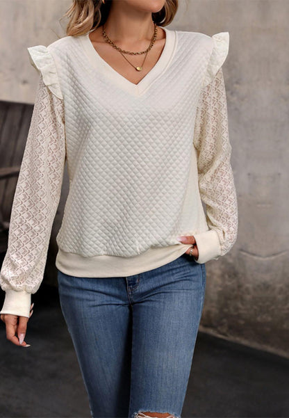 Puffed Textured Ruffle Shoulder Detail Lace Sleeve Pullover