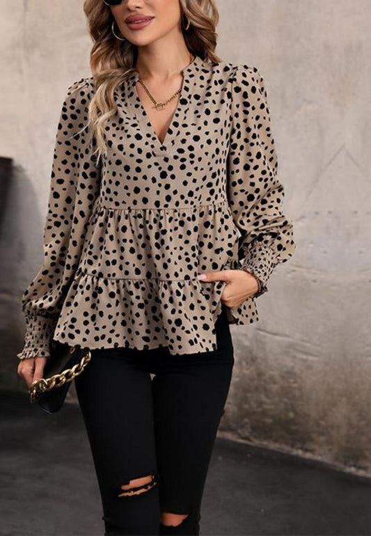 Notched V-Neck Dot Print Long Cuffed Sleeve Ruffle Gathered Peplum