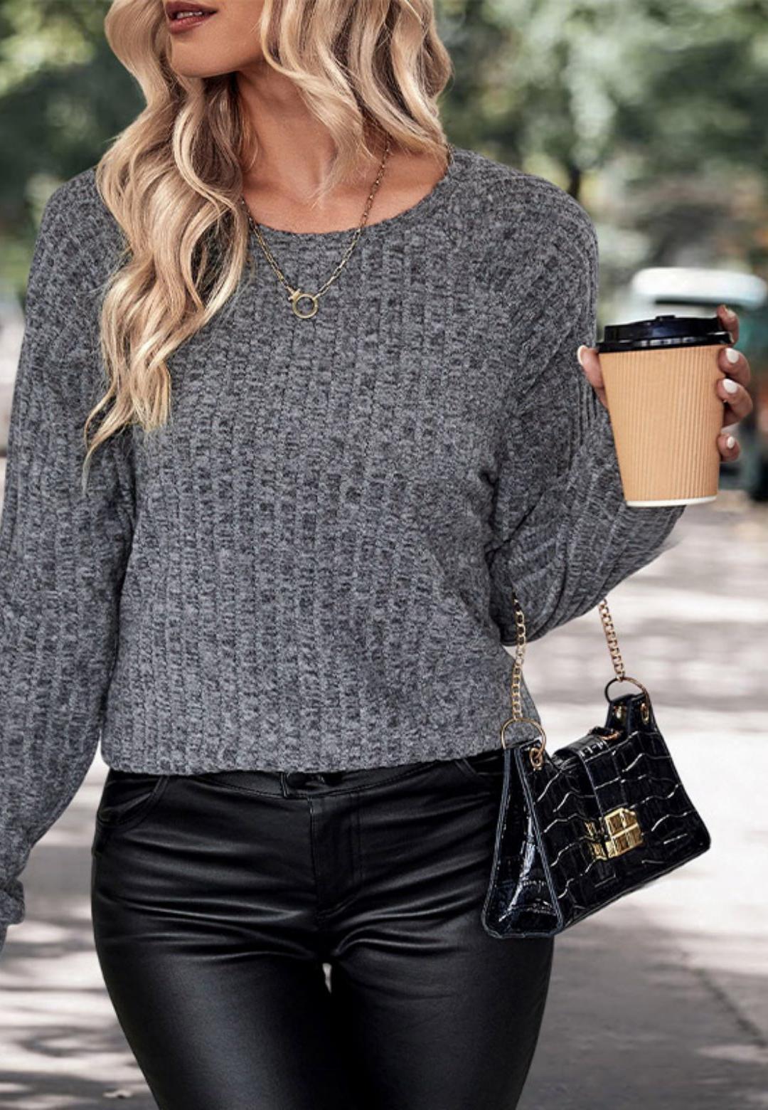 Rib Heather Knit Long Cuffed Sleeve Pullover