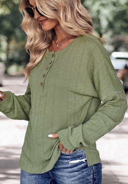 Henley Button Down Drop Shoulder Textured Long Sleeve Pullover