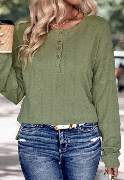 Henley Button Down Drop Shoulder Textured Long Sleeve Pullover