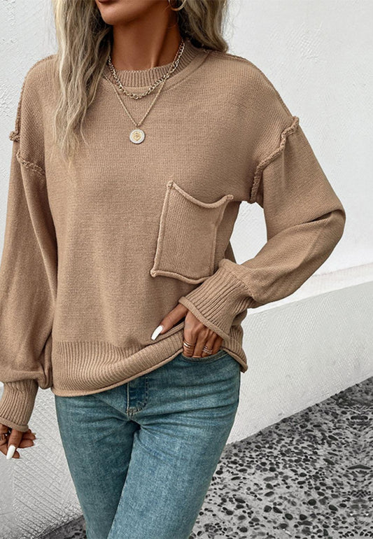 Crew Neck Front Pocket Detail Raw Edge Tunic Pullover Sweater