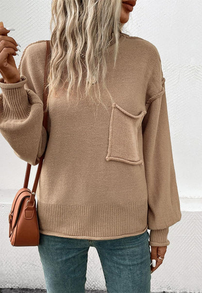 Crew Neck Front Pocket Detail Raw Edge Tunic Pullover Sweater