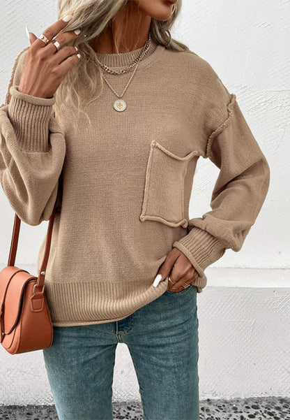 Crew Neck Front Pocket Detail Raw Edge Tunic Pullover Sweater