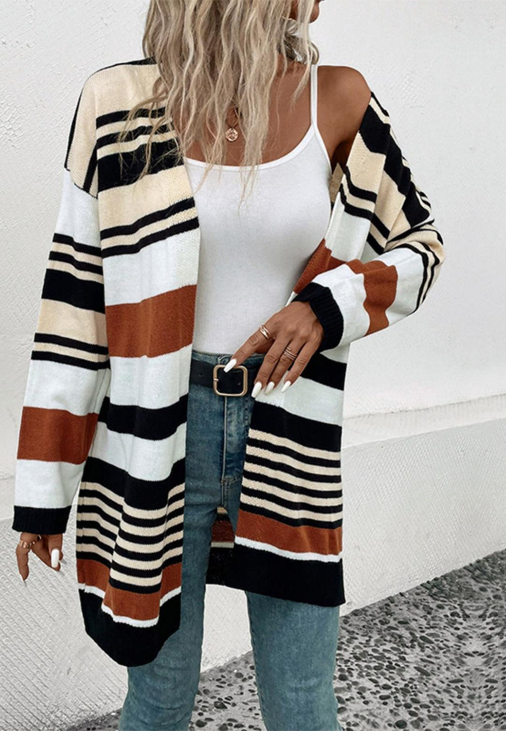 Rustic Color Long Sleeve Drop Shoulder Long Line Cardigan