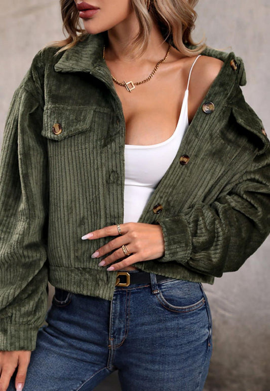 Velvet Corduroy Button Down Cuffed Sleeve Cropped Jacket
