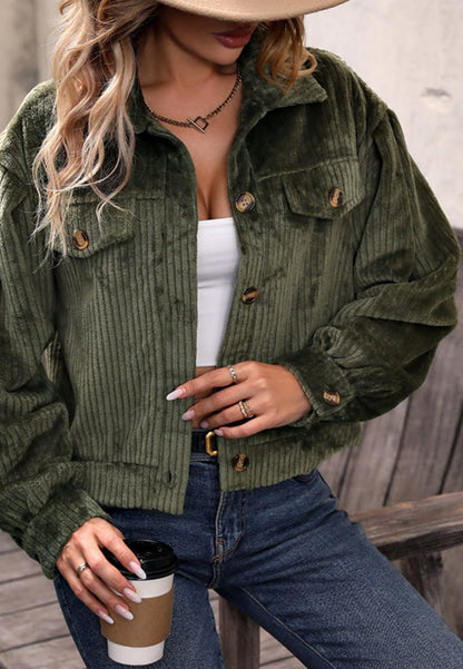 Velvet Corduroy Button Down Cuffed Sleeve Cropped Jacket