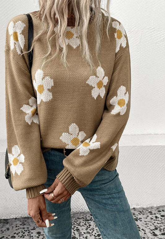Daisy Flower Print Long Cuffed Sleeve Pullover Sweater