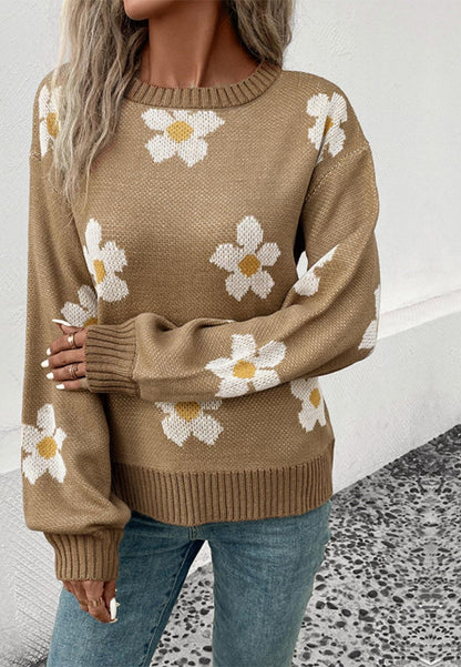 Daisy Flower Print Long Cuffed Sleeve Pullover Sweater