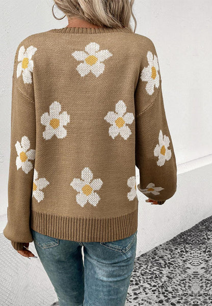 Daisy Flower Print Long Cuffed Sleeve Pullover Sweater