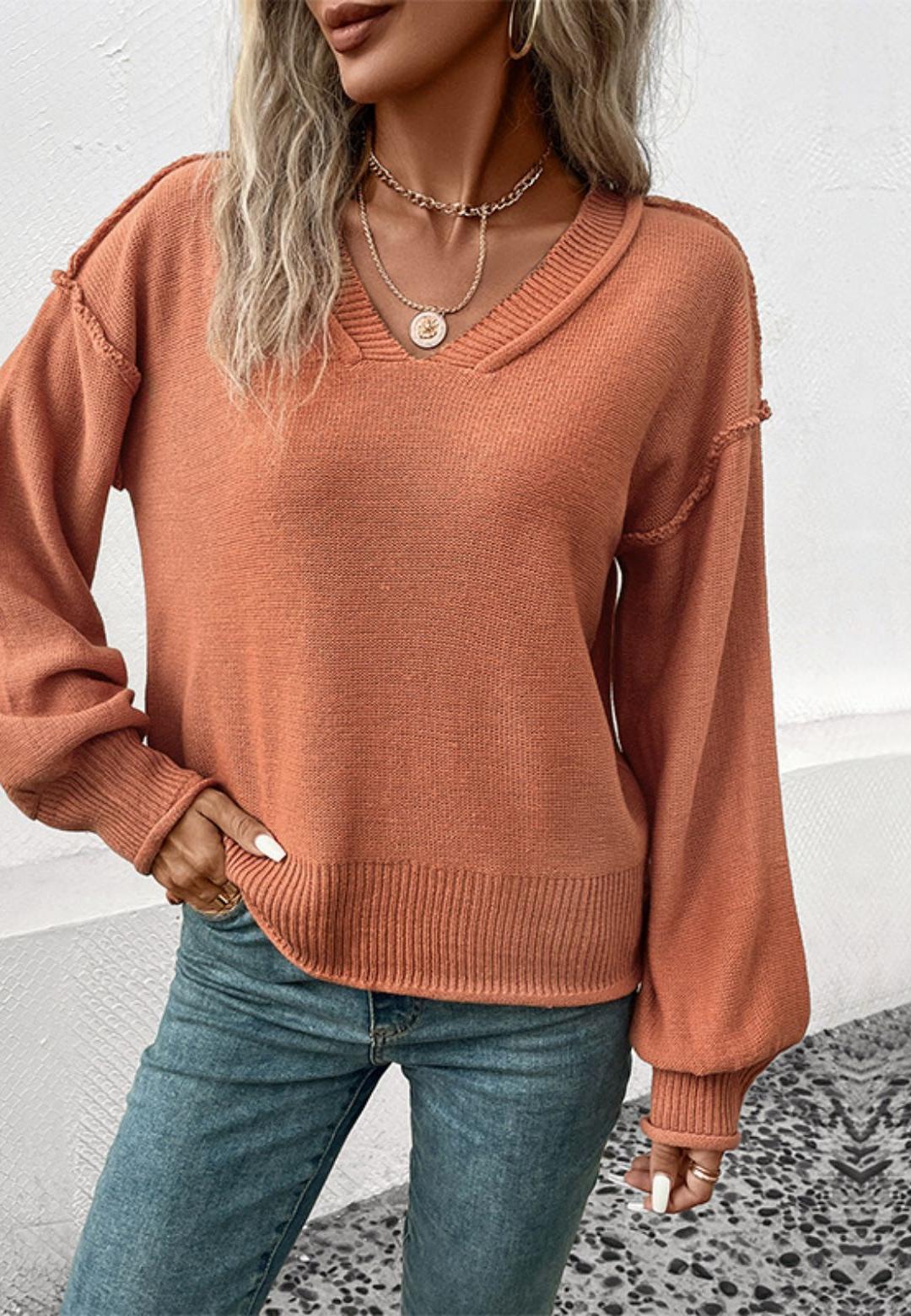 Notched V-Neck Bishop Long Sleeve Pullover Sweater