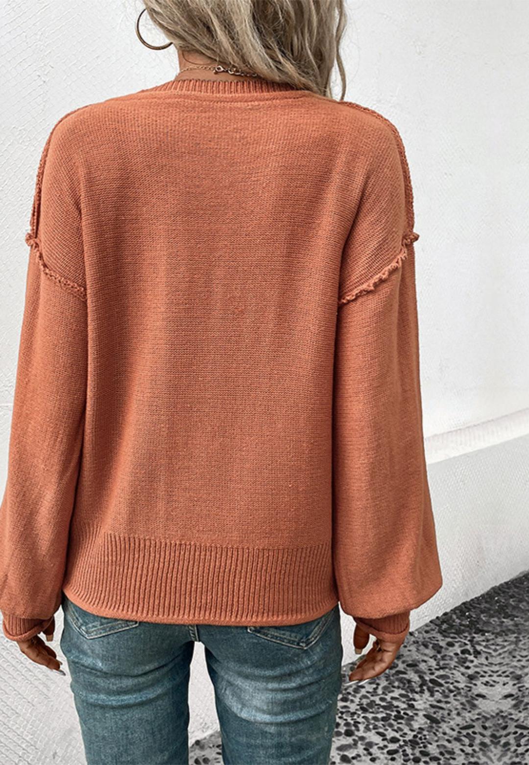 Notched V-Neck Bishop Long Sleeve Pullover Sweater