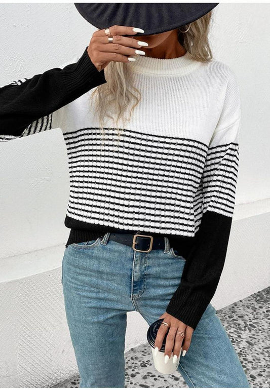 Mock Neck Stripe Color Blocked Drop Shoulder Pullover Sweater