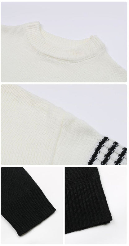 Mock Neck Stripe Color Blocked Drop Shoulder Pullover Sweater