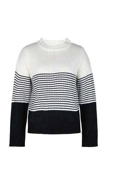 Mock Neck Stripe Color Blocked Drop Shoulder Pullover Sweater