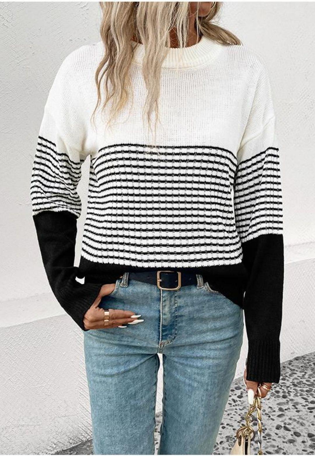 Mock Neck Stripe Color Blocked Drop Shoulder Pullover Sweater