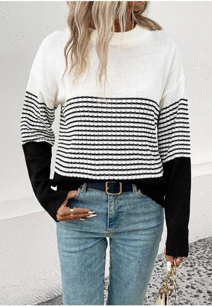 Mock Neck Stripe Color Blocked Drop Shoulder Pullover Sweater