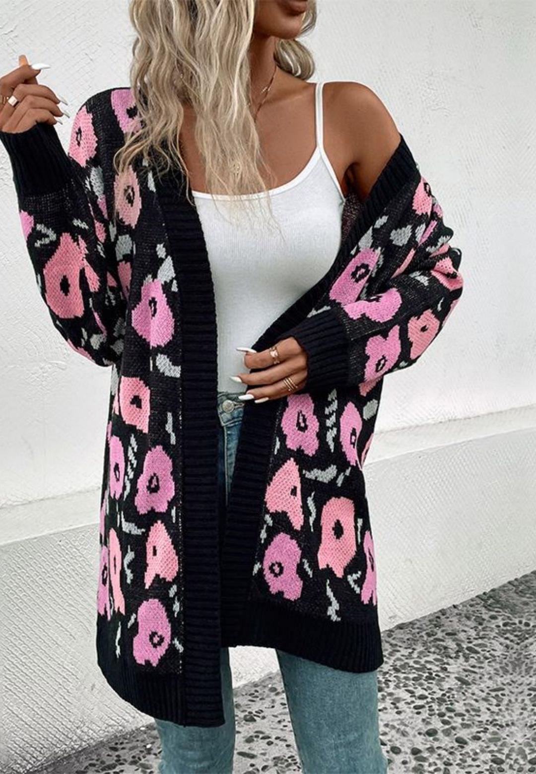 Open Cardigan Long Sleeve Floral Pattern Pink Knit Long Cardigan