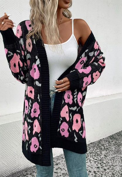 Open Cardigan Long Sleeve Floral Pattern Pink Knit Long Cardigan