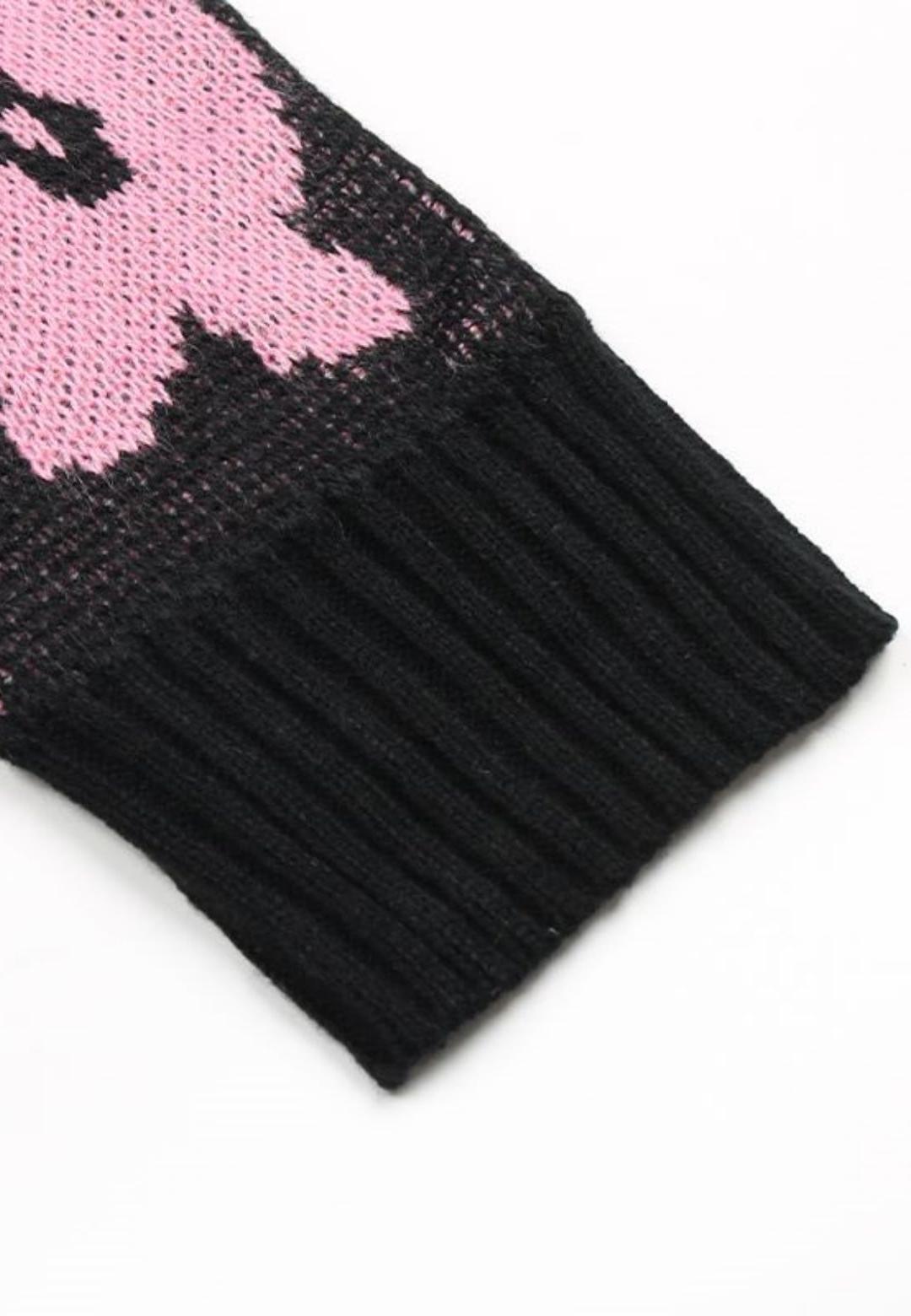 Open Cardigan Long Sleeve Floral Pattern Pink Knit Long Cardigan