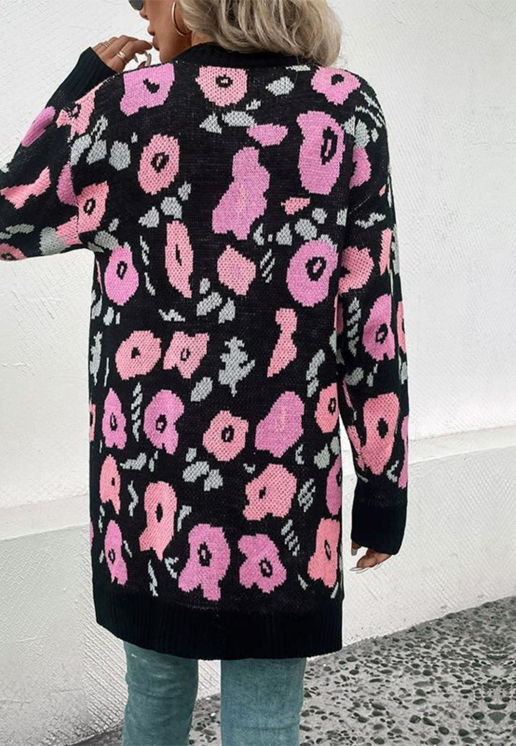 Cárdigan abierto de manga larga con estampado floral de color rosa