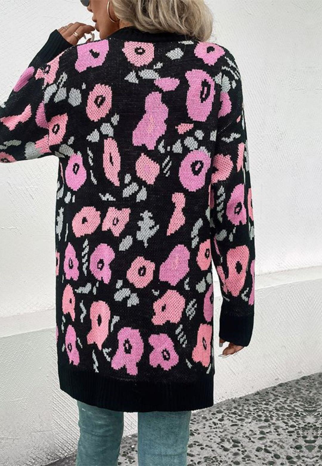 Open Cardigan Long Sleeve Floral Pattern Pink Knit Long Cardigan