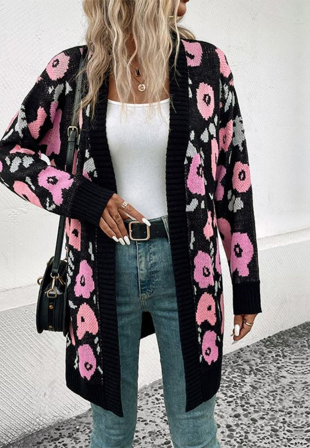 Open Cardigan Long Sleeve Floral Pattern Pink Knit Long Cardigan