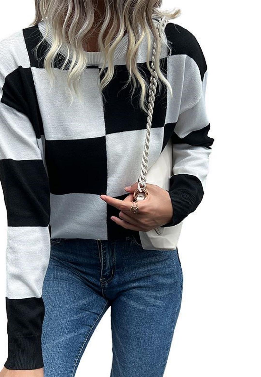 Checker Pattern Drop Should Pullover Sweater