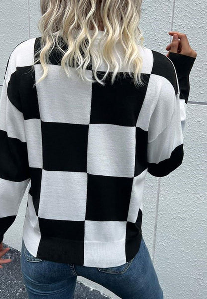 Checker Pattern Drop Should Pullover Sweater