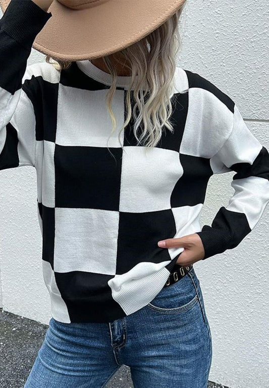 Checker Pattern Drop Should Pullover Sweater