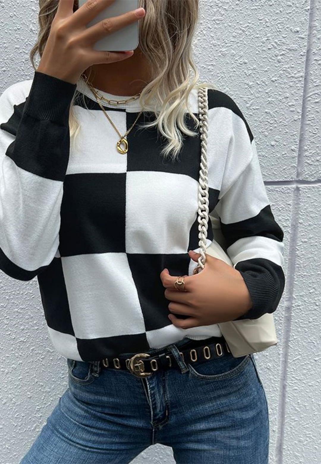 Checker Pattern Drop Should Pullover Sweater