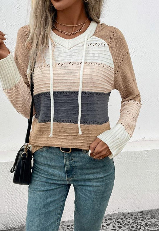 Mocha Stripe Color Blocked Eyelet Raglan Sleeve Hoodie Pullover Sweater