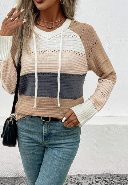 Mocha Stripe Color Blocked Eyelet Raglan Sleeve Hoodie Pullover Sweater