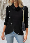 Relaxed Mock Open Neck Tulip Hem Button Detail Pullover Sweater