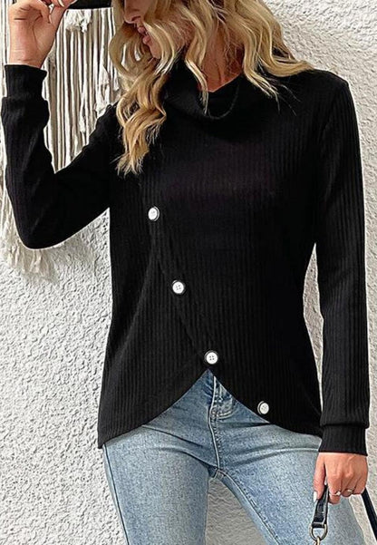 Relaxed Mock Open Neck Tulip Hem Button Detail Pullover Sweater