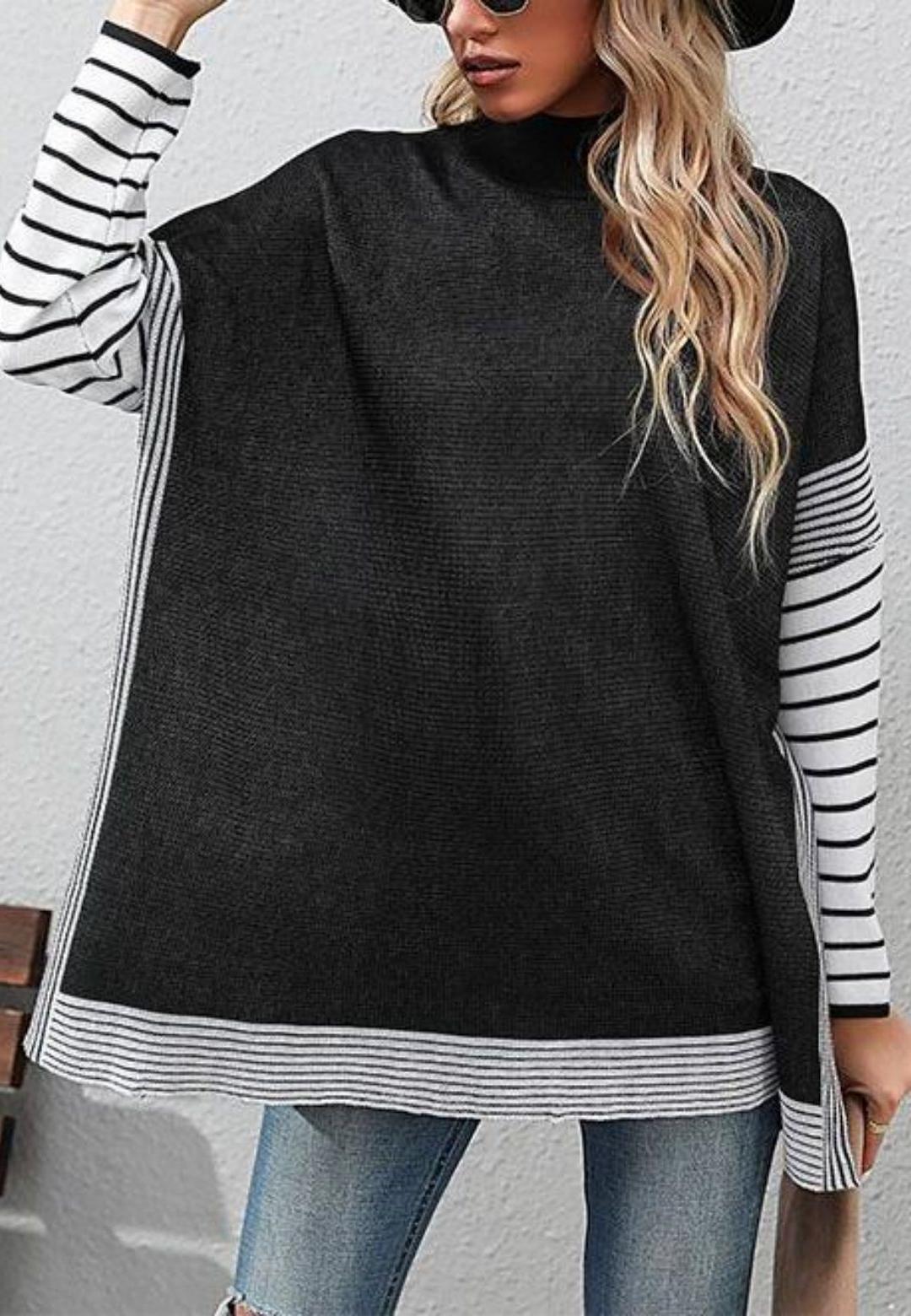 Dolman Cuffed Stripe Sleeve Tunic Sweater