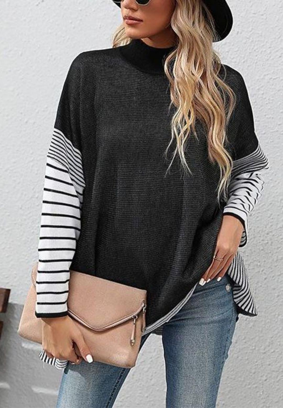 Dolman Cuffed Stripe Sleeve Tunic Sweater