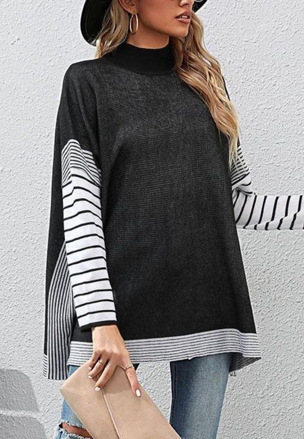 Suéter tipo túnica con mangas a rayas y puños estilo dolman