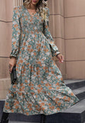 Vestido midi con escote en V, estampado floral, detalle de volantes y pecho fruncido