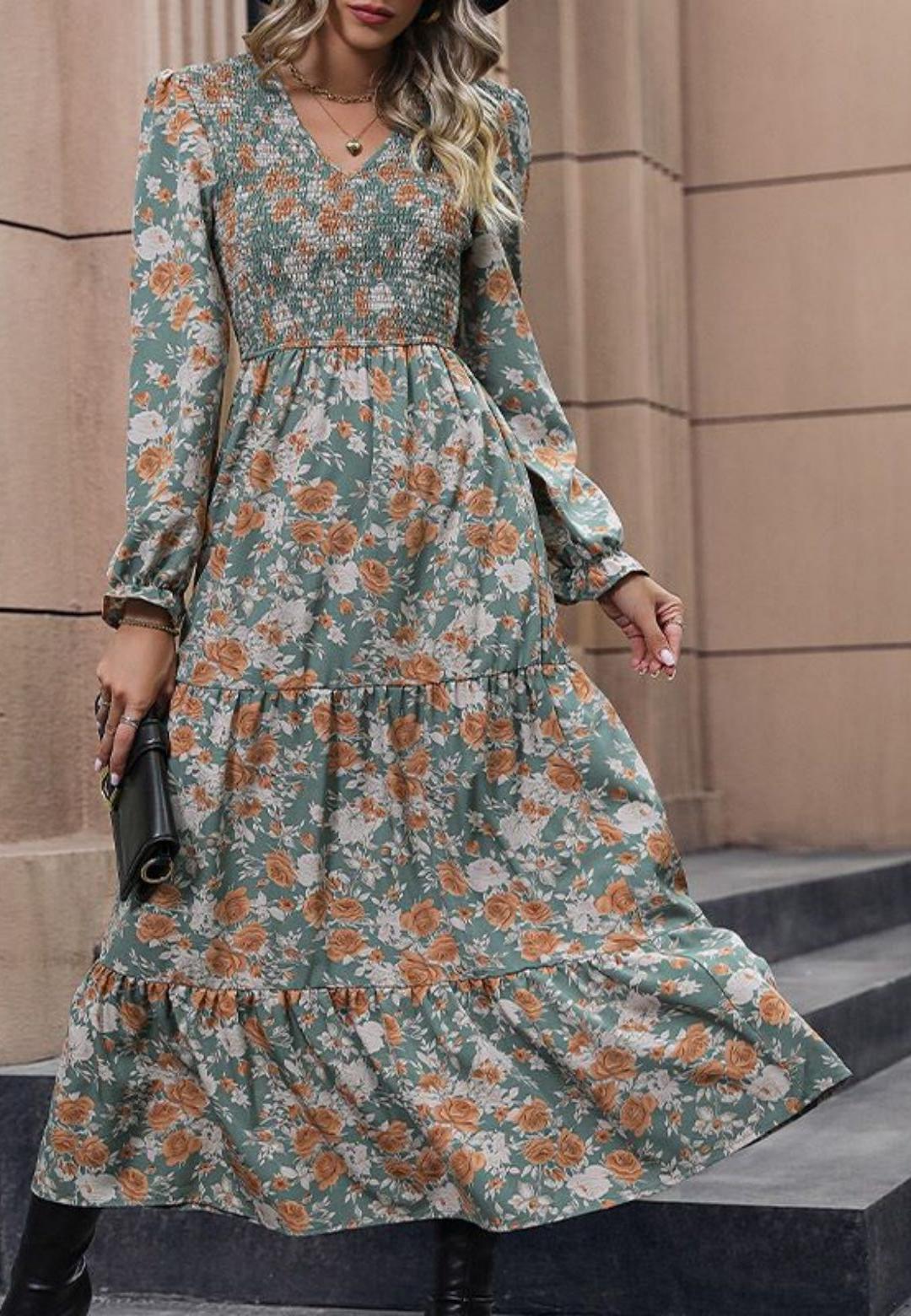 V-Neck Smocked Chest Floral Print Ruffle Detail Midi Dress